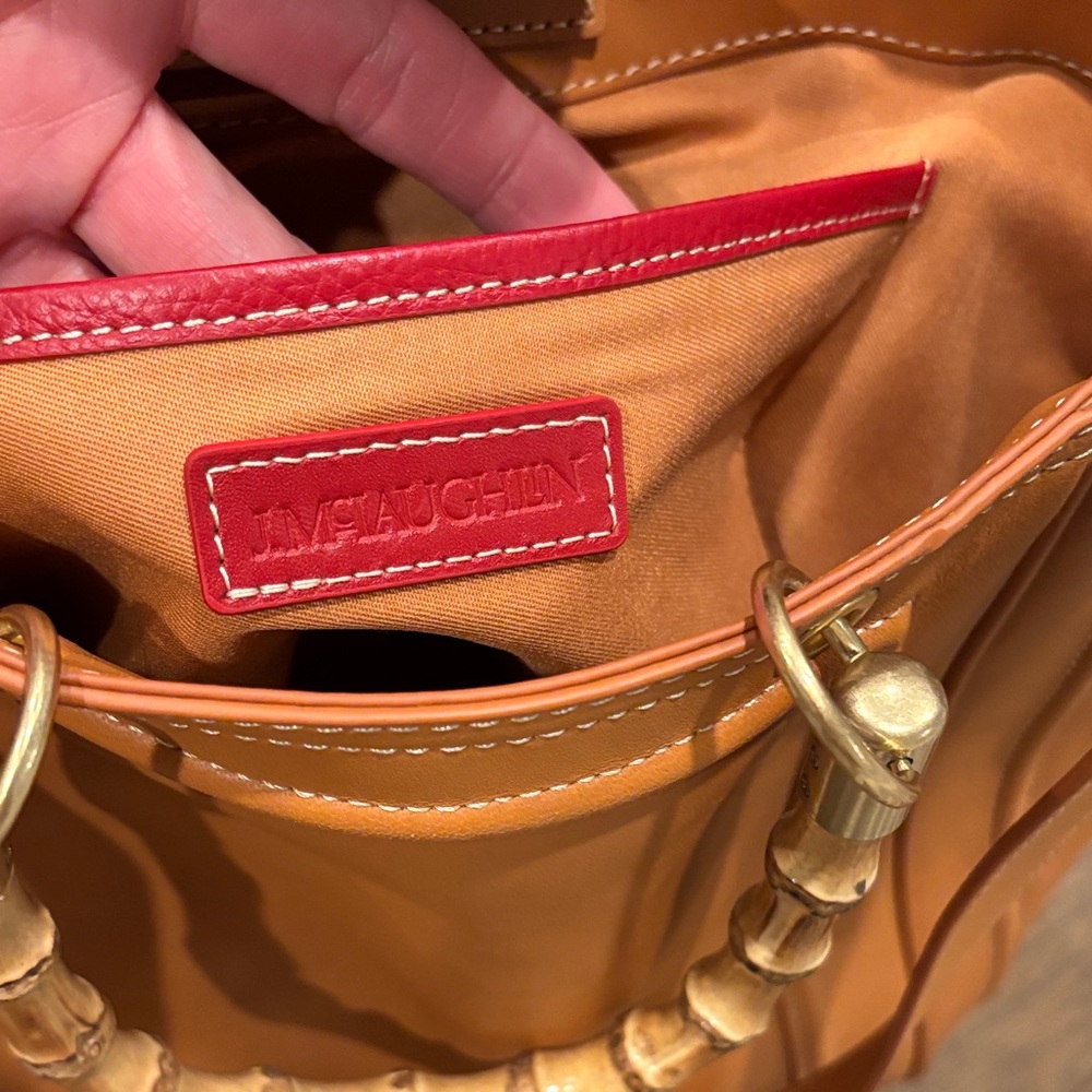 J McLaughlin Classic Tan Leather Tote Bag with Bamboo Handle - Picture 5 of 8